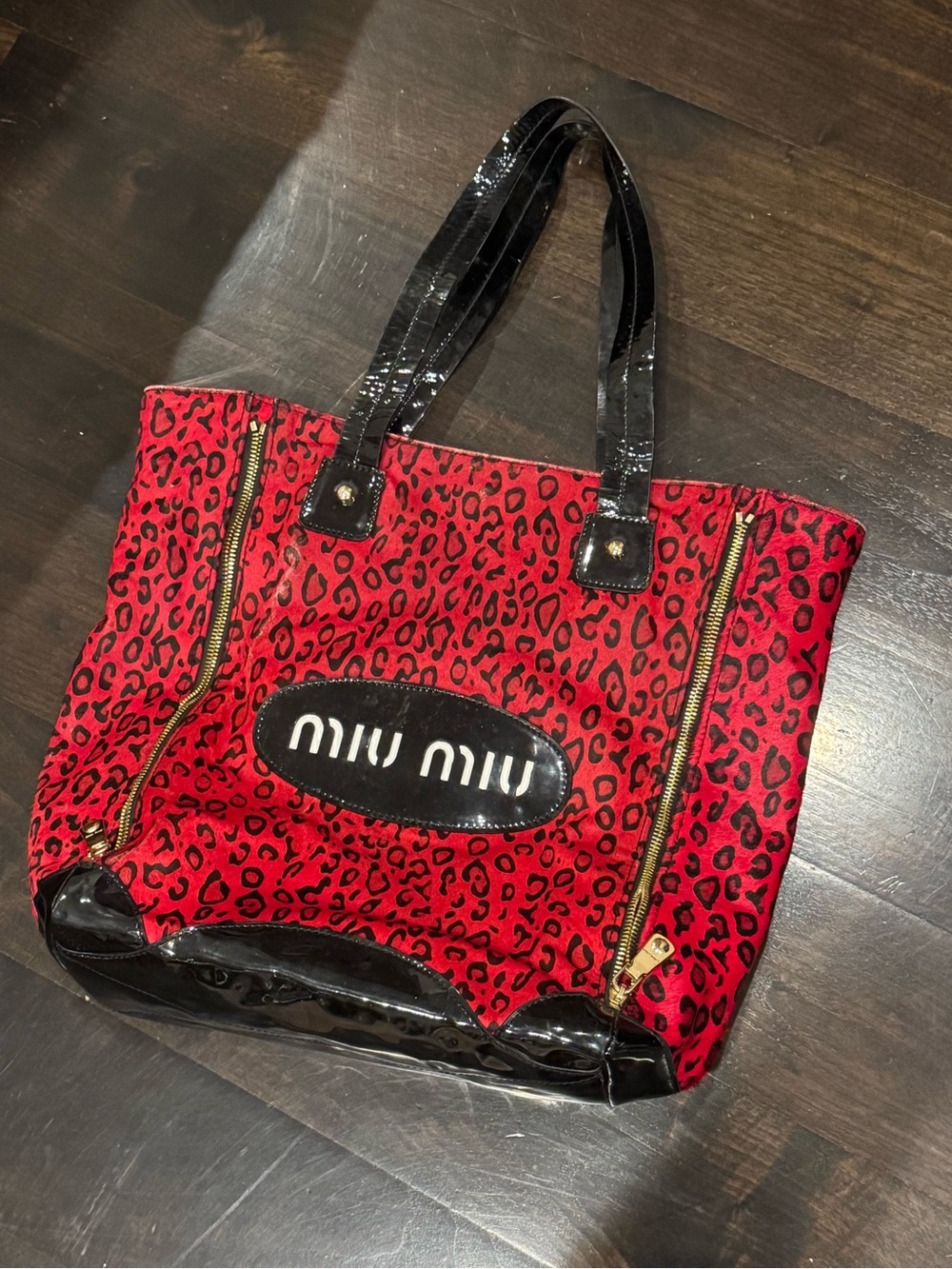 Rare Miu Miu Red Pony Hair Leopard-Print Tote with Black Patent Trim Y2K